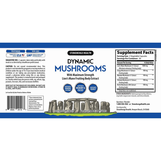 Stonehenge Health Dynamic Mushrooms Broad-Spectrum Supplement – 60 Capsules (30 Day Supply)