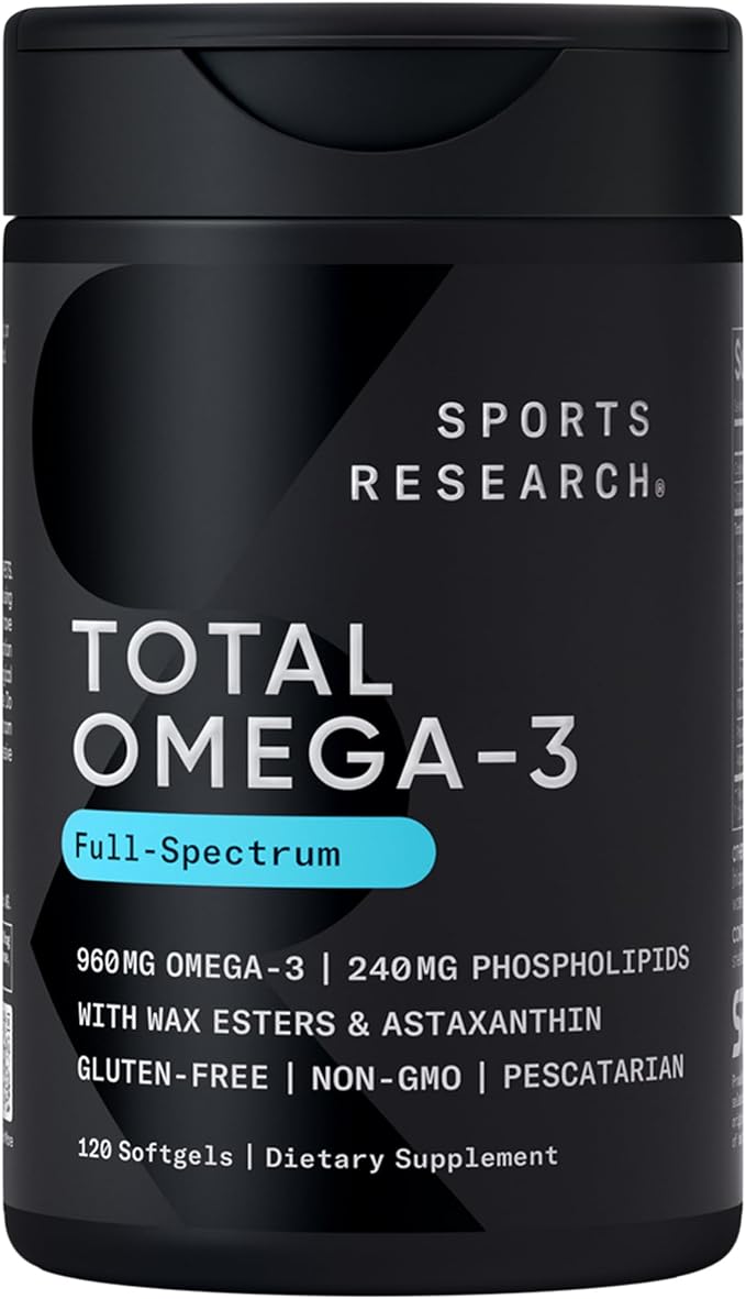Sports Research Total Omega-3 Full-Spectrum Softgels – 960mg Omega-3, Astaxanthin & Phospholipids (120 Softgels)