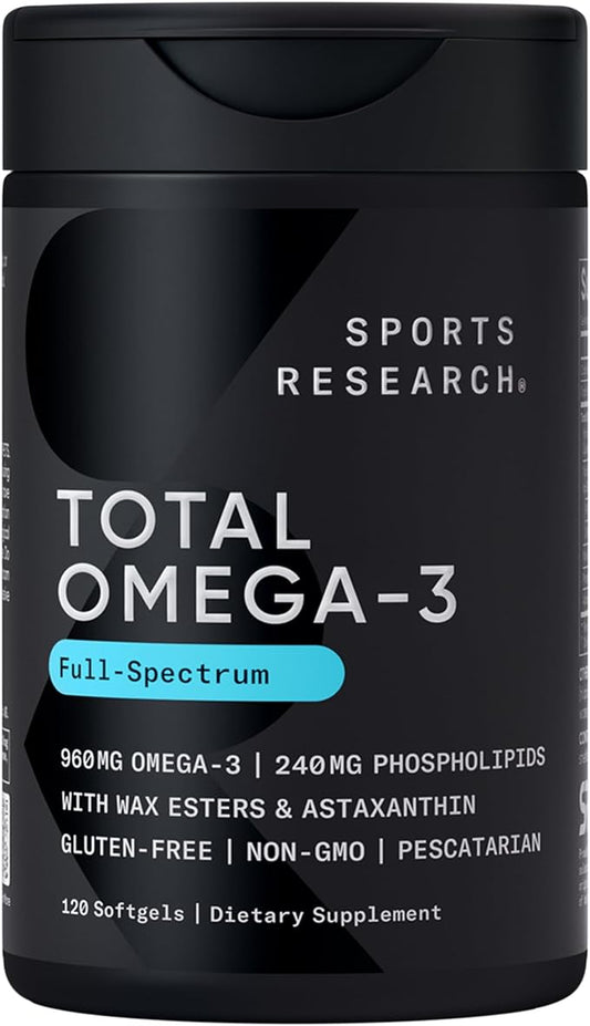 Sports Research Total Omega-3 Full-Spectrum Softgels – 960mg Omega-3, Astaxanthin & Phospholipids (120 Softgels)