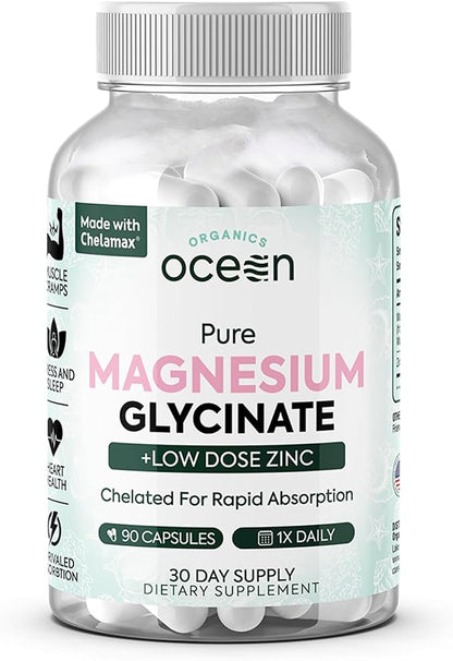 Ocean Organics Pure Magnesium Glycinate + Low Dose Zinc Supplement – 90 Capsules (30 Day Supply)