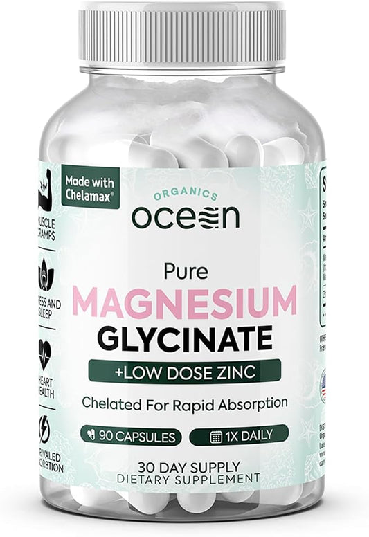 Ocean Organics Pure Magnesium Glycinate + Low Dose Zinc Supplement – 90 Capsules (30 Day Supply)