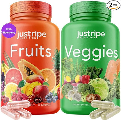 Just Ripe Nutrition Fruits and Veggies Supplement Complex with Elderberry – 2 Pack (180 Capsules Total)