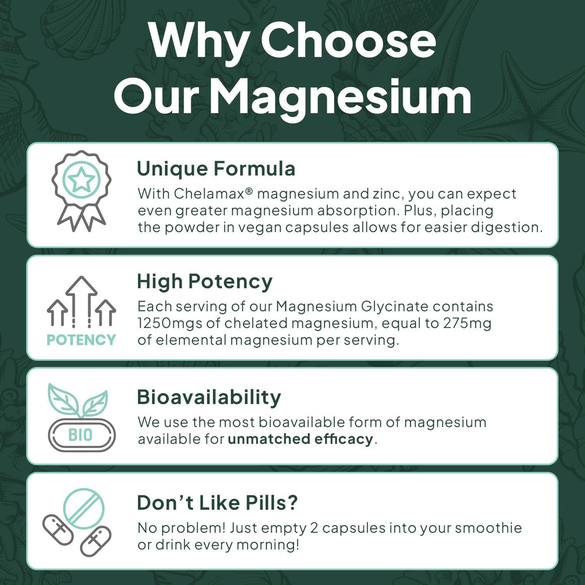 Ocean Organics Pure Magnesium Glycinate + Low Dose Zinc Supplement – 90 Capsules (30 Day Supply)