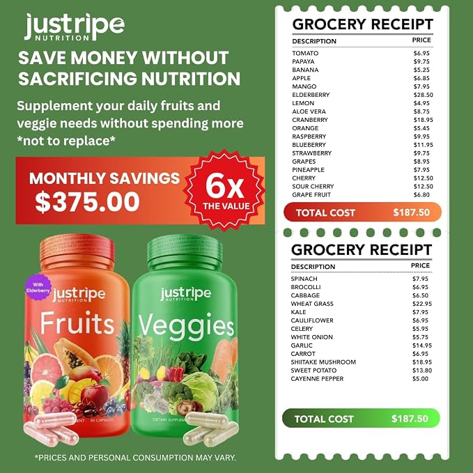 Just Ripe Nutrition Fruits and Veggies Supplement Complex with Elderberry – 2 Pack (180 Capsules Total)