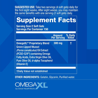 OmegaXL Joint & Muscle Support Green-Lipped Mussel Oil Supplement – 300 Soft Gels