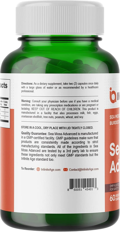 Infinite Age Sea Moss Advanced Supplement – Irish Moss, Bladderwrack & Burdock Root – 60 Vegetable Capsules