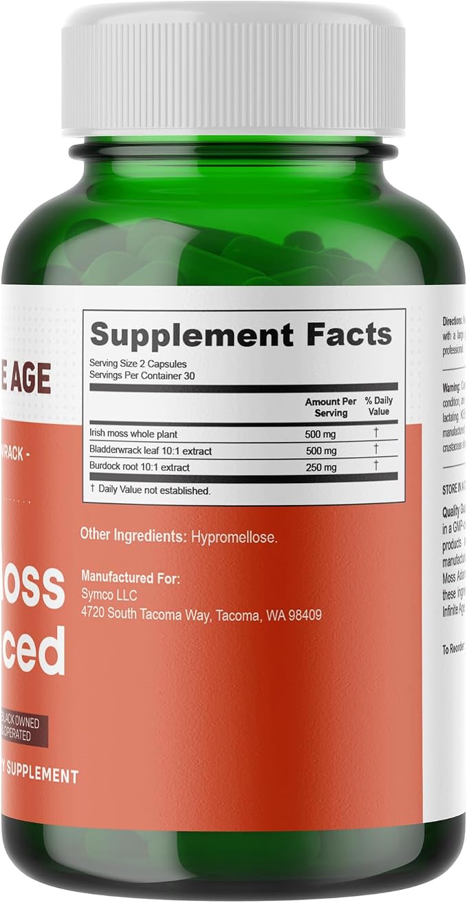 Infinite Age Sea Moss Advanced Supplement – Irish Moss, Bladderwrack & Burdock Root – 60 Vegetable Capsules