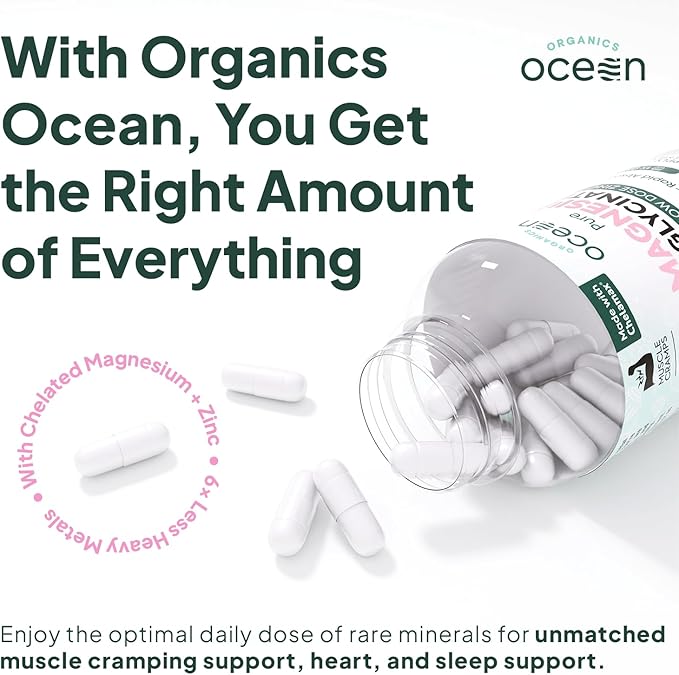 Ocean Organics Pure Magnesium Glycinate + Low Dose Zinc Supplement – 90 Capsules (30 Day Supply)