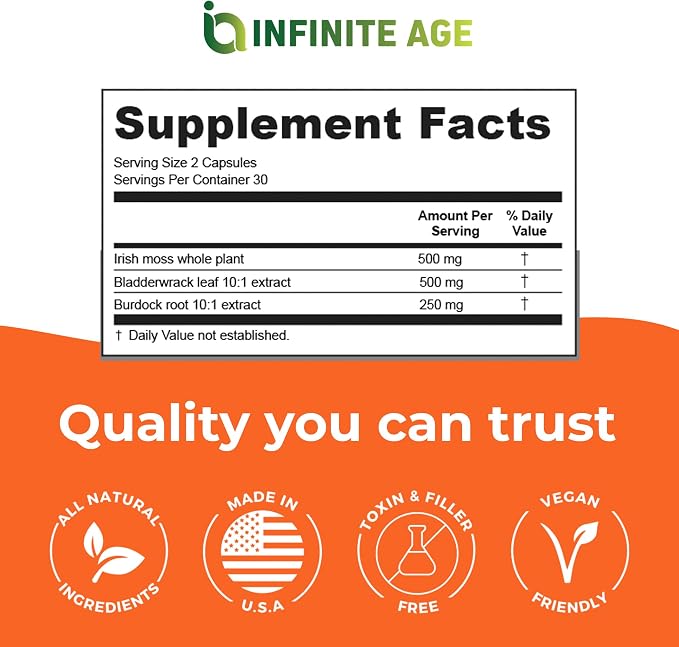 Infinite Age Sea Moss Advanced Supplement – Irish Moss, Bladderwrack & Burdock Root – 60 Vegetable Capsules