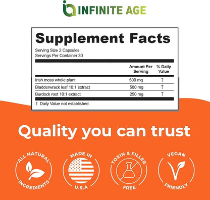Infinite Age Sea Moss Advanced Supplement – Irish Moss, Bladderwrack & Burdock Root – 60 Vegetable Capsules