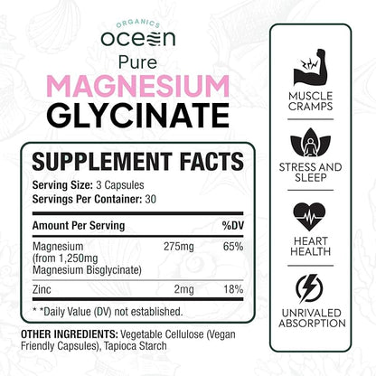 Ocean Organics Pure Magnesium Glycinate + Low Dose Zinc Supplement – 90 Capsules (30 Day Supply)
