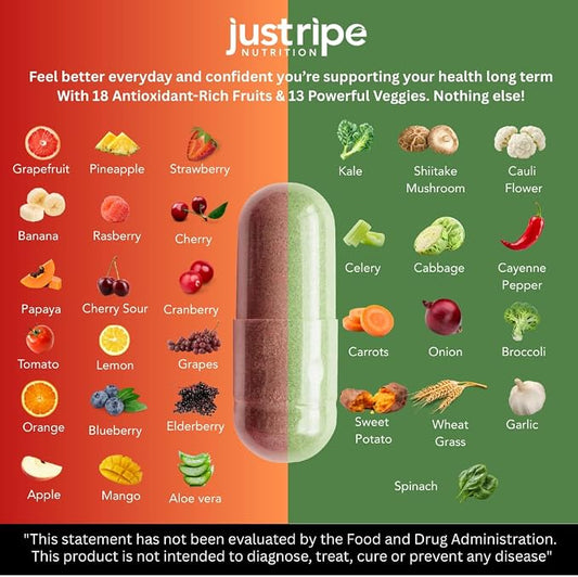 Just Ripe Nutrition Fruits and Veggies Supplement Complex with Elderberry – 2 Pack (180 Capsules Total)