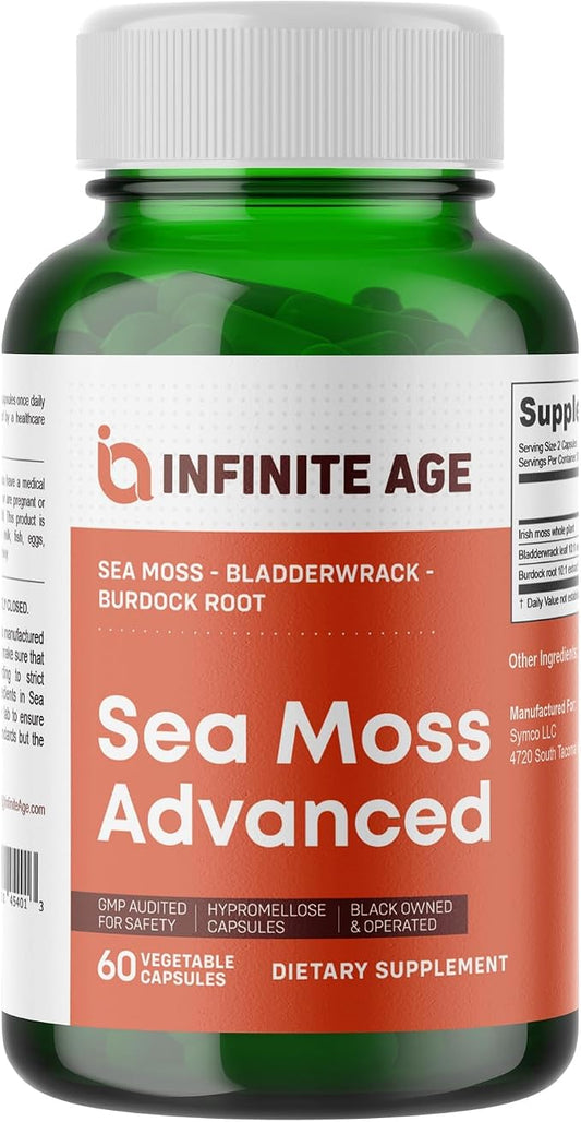 Infinite Age Sea Moss Advanced Supplement – Irish Moss, Bladderwrack & Burdock Root – 60 Vegetable Capsules