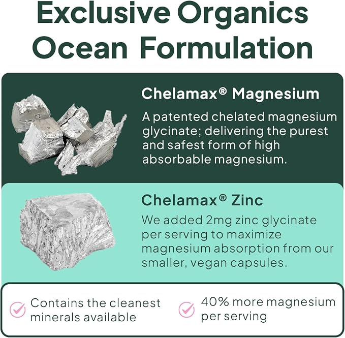 Ocean Organics Pure Magnesium Glycinate + Low Dose Zinc Supplement – 90 Capsules (30 Day Supply)
